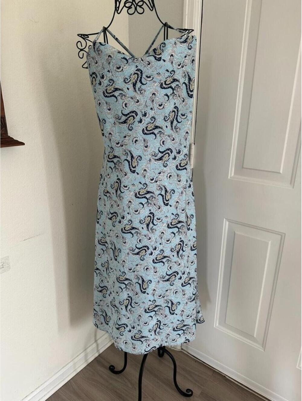 Light Blue Paisley Print Slip Dress with Cross Back Straps